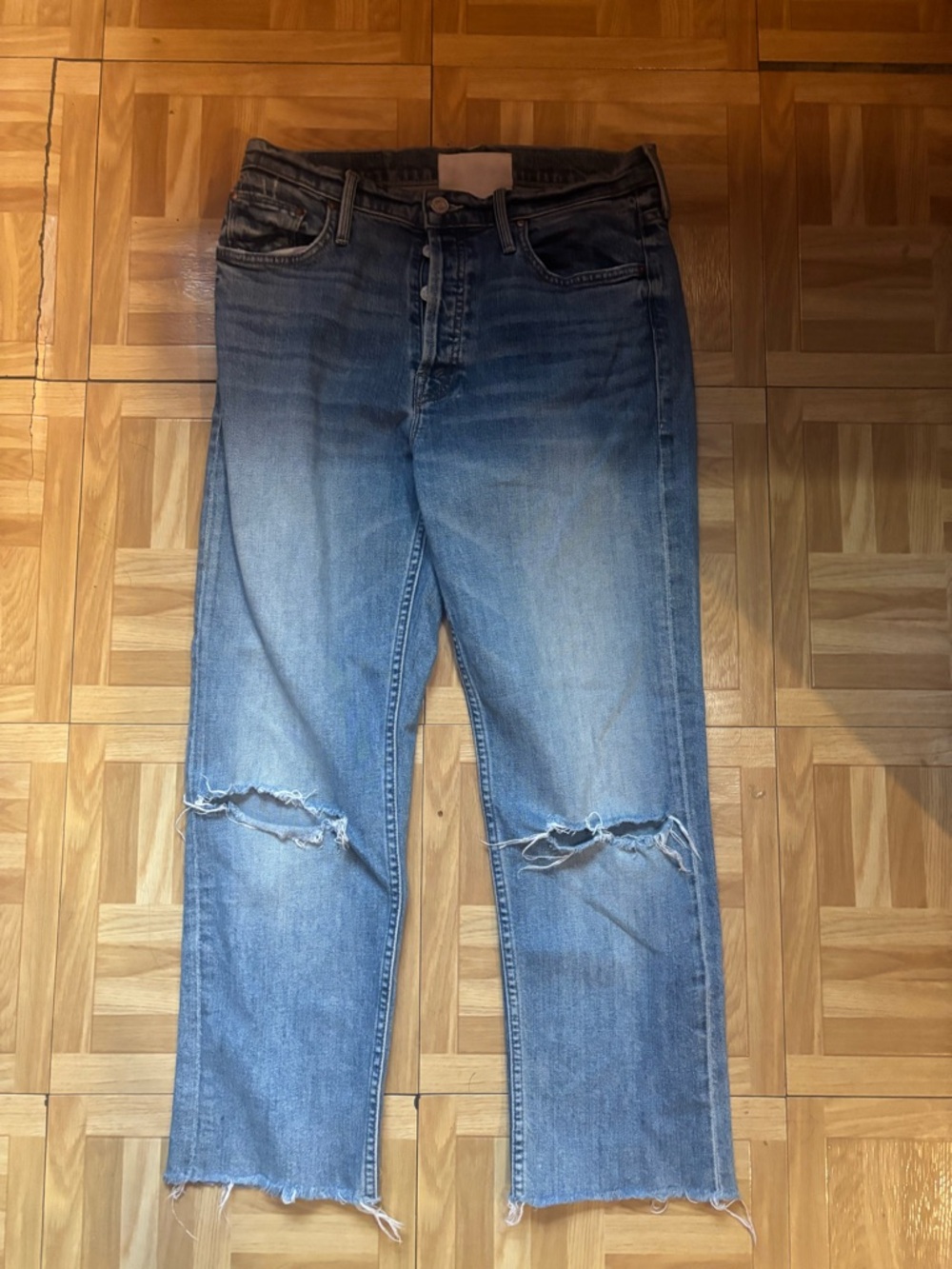 MOTHER High Rise Button-Fly Distressed Blue Jeans